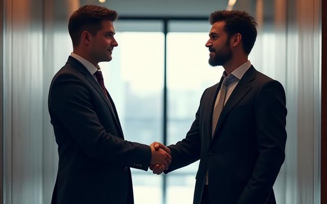 Representatives from Nomad Game Labs shaking hands with a local studio partner