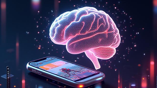 AI brain graphic and hybrid casual mobile game screenshot