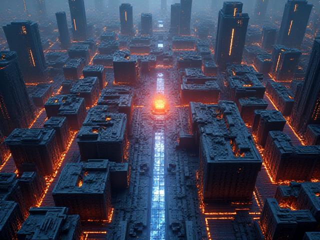 Visually representing procedural content generation: a complex abstract geometric pattern appearing to build itself in a futuristic digital space