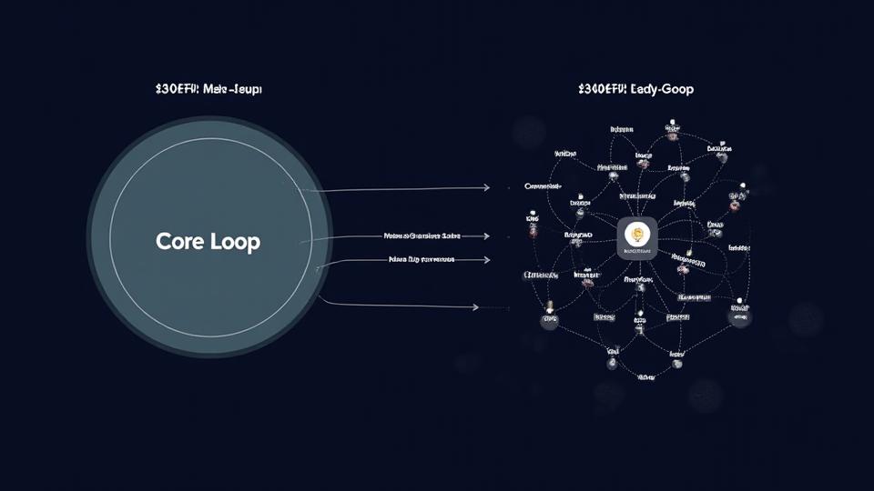 Diagram illustrating the core loop feeding into a deeper meta-game progression, showing a blend of simple and complex game systems.