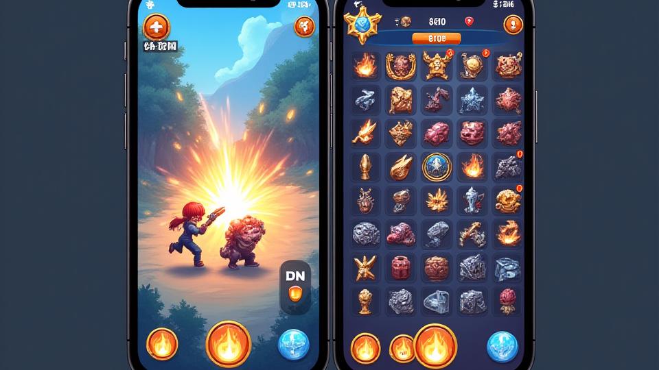 Split screen showing a simple one-touch mobile game interface on one side and a complex RPG character upgrade menu on the other, representing a hybrid casual game concept.