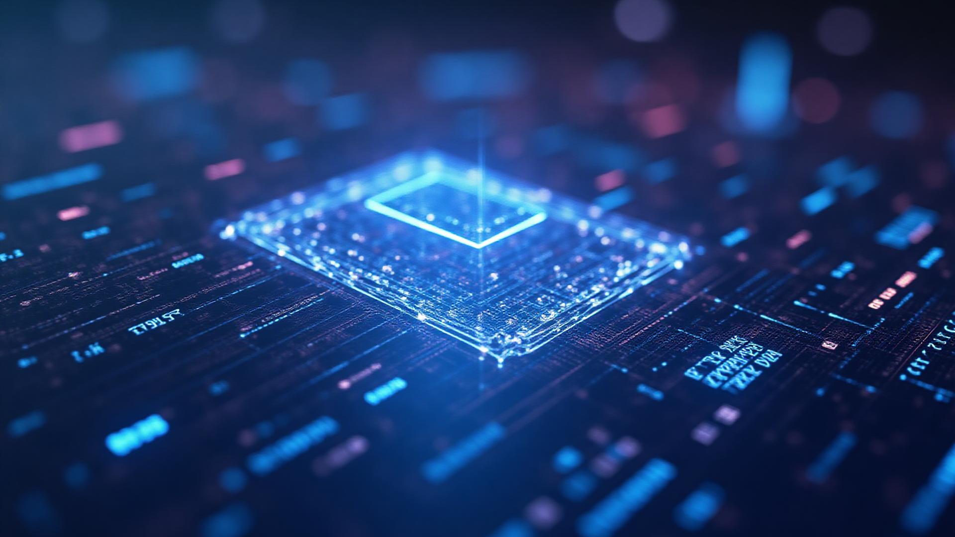 Abstract glowing digital scene representing mobile game development with code snippets and game engine UI elements.