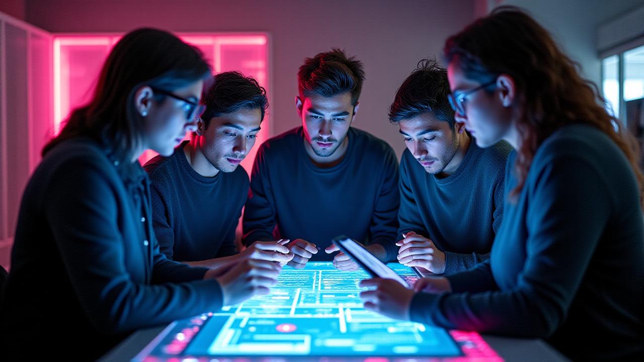 Diverse group of mobile game developers collaborating on a project with glowing screens.